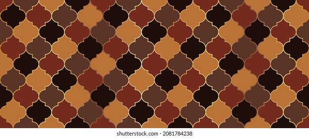 Turkish Mosque Window Tile. Seamless Moroccan Mosaic Ornament. Ramadan Traditional Mosque Golden Grid. Seamless Moroccan Texture Eid Mubarak Muslim Background. Ramadan Kareem Islam Decoration.
