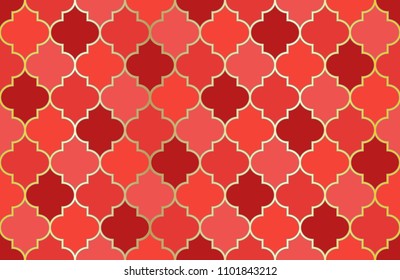 Turkish Mosque Window Vector Seamless Pattern. Eid al fitr muslim background.  Traditional ramadan kareem mosque pattern with gold grid mosaic.  Islamic textile grid design of lantern shapes tiles