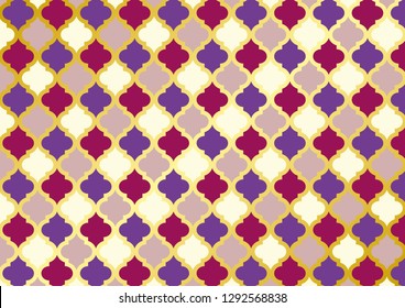 Turkish Mosque Window Vector Seamless Pattern. Ramadan mubarak muslim background. Traditional ramadan kareem mosque pattern with gold grid mosaic. Islamic window grid design of lantern shapes tiles. 