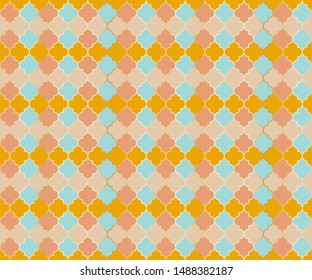 Turkish Mosque Window Vector Seamless Pattern. Ramadan mubarak muslim background. Traditional ramadan mosque pattern in gold grid borders. Islamic window grid design of lantern shapes tiles.