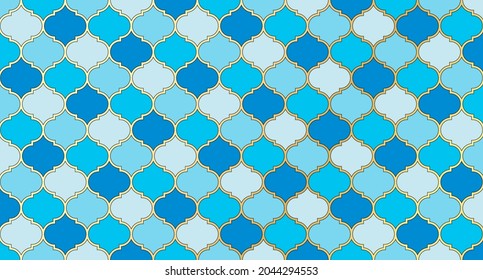 Turkish Mosque Window Vector Seamless Pattern. Ramadan mubarak muslim background. Traditional ramadan kareem mosque pattern with gold grid mosaic. Islamic window grid design of lantern shapes tiles