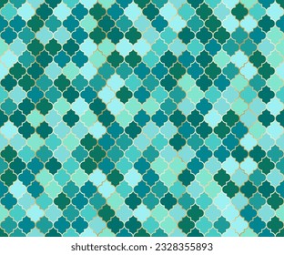 Turkish Mosque Window Vector Seamless Pattern. Ramadan mubarak muslim background. Traditional ramadan kareem mosque pattern with gold grid mosaic. Islamic window grid design of lantern shapes tiles.