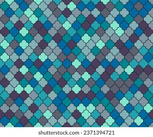 Patrón de la ventana del vector de la mezquita turca. Fondo musulmán gris azul.  Patrón tradicional de mezquita ramadan kareem con mosaico de cuadrícula.  Diseño de rejilla islámica de ventanas de mosaicos de formas farolillos.