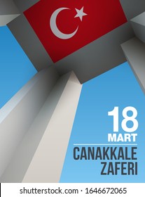 Turkish national banner of March 18 1915 day the Ottomans victory Canakkale and commemoration day of the martyrs. Martyrs Memorial with Turkish flags. tr: victory of Canakkale, happy holiday, March 18