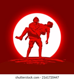turkish national banner of March 18, 1915 day Ottomans victory Canakkale. Monument Turkish Soldier Carrying Australian Wounded with red star and crescent against the moon. Banner victory of Canakkale