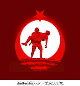 turkish national banner of March 18, 1915 day Ottomans victory Canakkale. Monument Turkish Soldier Carrying Australian Wounded with red star and crescent against the moon. Banner victory of Canakkale