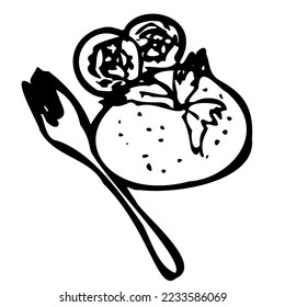 Turkish national cuisine. Menu of the dish. Doodle illustration for the menu. Black lines. Recipe for Turkish national cuisine.