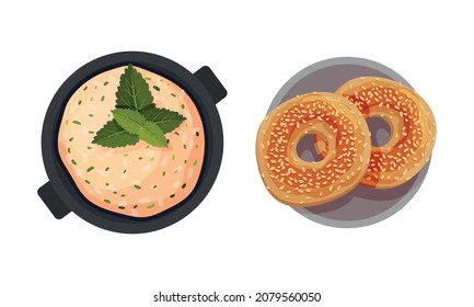 Comida nacional turca con anillo de sésamo al horno y trompeta por encima del vector de visión