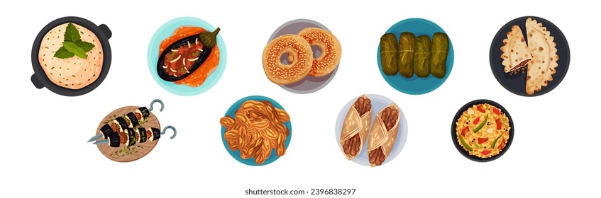 Turkish National Food and Dish Above View Vector Set