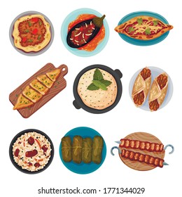 Turkish National Food with Turkish Pie Pide and Dolma Top View Vector Set