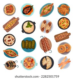 Turkish National Food Served on Plate Above View Big Vector Set
