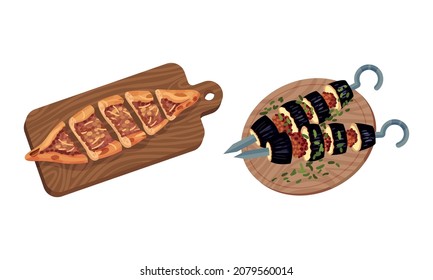 Turkish National Food with Shashlik on Skewer and Pie Above View Vector Set