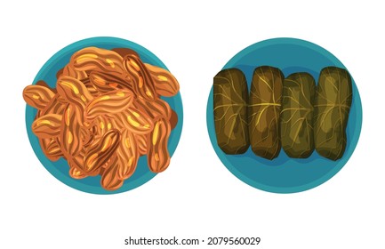 Turkish National Food with Stuffed Dolma and Sweet Pastry Above View Vector Set