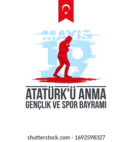 Turkish national holiday illustration banner 19 mayis Ataturk'u Anma, Genclik ve Spor Bayrami, tr: 19 may Commemoration Ataturk, Youth and Sports Day, White and red graphic design Turkish holiday card