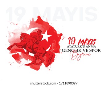 Turkish national holiday illustration banner 19 mayis Ataturk'u Anma, Genclik ve Spor Bayrami, tr: 19 may Commemoration Ataturk,