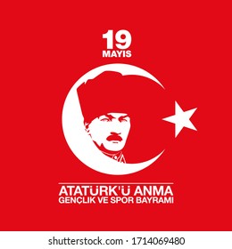 Turkish national holiday illustration banner 19 mayis Ataturk'u Anma, Genclik ve Spor Bayrami, tr: 19 may Commemoration Ataturk, Youth and Sports Day, White and red graphic design Turkish holiday card