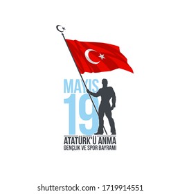 Turkish national holiday illustration banner 19 mayis Ataturk'u Anma, Genclik ve Spor Bayrami, tr: 19 may Commemoration Ataturk, Youth and Sports Day, isolated on White design Turkish holiday card