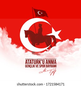 Turkish national holiday illustration banner 19 mayis Ataturk'u Anma, Genclik ve Spor Bayrami, tr: 19 may Commemoration Ataturk, Youth and Sports Day, White and red graphic design Turkish holiday card