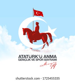 Turkish national holiday illustration banner 19 mayis Ataturk'u Anma, Genclik ve Spor Bayrami, tr: 19 may Commemoration Ataturk, Youth and Sports Day, White and red graphic design Turkish holiday card