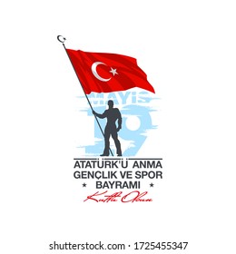 Turkish national holiday illustration banner 19 mayis Ataturk'u Anma, Genclik ve Spor Bayrami, tr: 19 may Commemoration Ataturk, Youth and Sports Day, isolated on White design Turkish holiday card