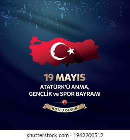 Türkisches Urlaubshotel. 19. Mai Türkisches Gedenken an Atatürk, Jugend-und Sporttag Typografie-Abzeichen. (Türkisch: 19 Mayis, Atatürk'u Anma, Genclik ve Spor Bayrami) 