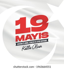 Turkish national holiday illustration banner. May 19th Turkish Commemoration of Ataturk, Youth and Sports Day Typographic Badge. (Turkish: 19 Mayis, Ataturk'u Anma, Genclik ve Spor Bayrami) 