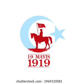 Turkish national holiday illustration banner 19 mayis Ataturk'u Anma, Genclik ve Spor Bayrami, tr: 19 may Commemoration Ataturk, Youth and Sports Day, White and red graphic design Turkish holiday card