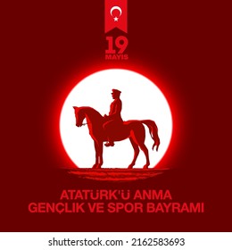 Turkish national holiday illustration banner 19 mayis Ataturk'u Anma, Genclik ve Spor Bayrami, tr: 19 may Commemoration Ataturk, Youth and Sports Day, White and red graphic design Turkish holiday card