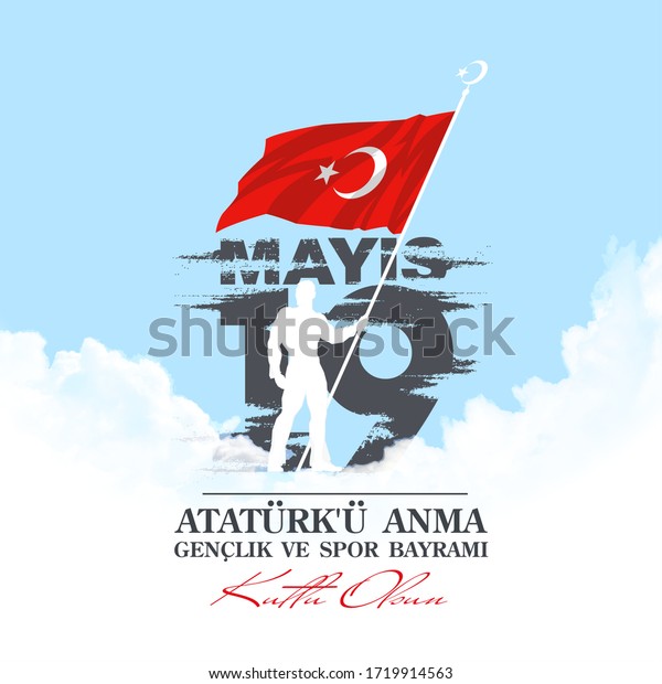 Turkish national holiday illustration banner 19\
mayis Ataturk\'u Anma, Genclik ve Spor Bayrami, tr: 19 may\
Commemoration Ataturk, Youth and Sports Day, isolated on White\
design Turkish holiday\
card