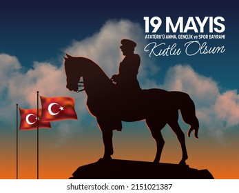 Turkish national holiday vector illustration. 19 Mayis Ataturk'u Anma, Genclik ve Spor Bayrami Kutlu Olsun. English: "May 19, Happy Commemoration of Ataturk, Youth and Sports Day.