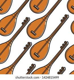 Turkish national musical instrument baglama seamless pattern vector string device folk music playing Turkey culture and heritage art concert or orchestra performance melody and song live sound tune