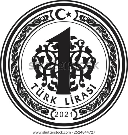 Turkish one lira coin vector design handmade silhouette.