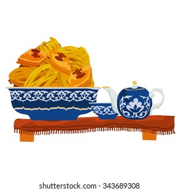 turkish orient desert. vector illustration of traditional orient sweets. asia tea and desert 