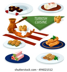 Turkish and ottoman cuisine desserts with coffee cartoon icon of nut and honey nougat, pistachio baklava, chocolate cake with walnut, fried cake with syrup, feta rolls, chicken pudding