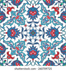 Turkish and Ottoman Empire's era traditional seamless ceramic tile, vector floral pattern osmanlı çini motif