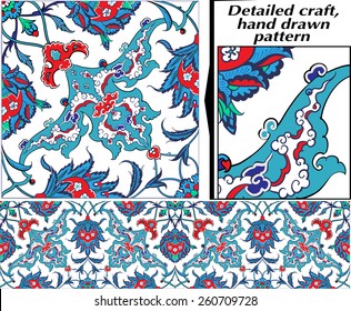 Turkish and Ottoman Empire's era traditional ceramic tile, vector floral pattern osmanlı çini motif el çizimi vektör bezeme süsleme kesintisiz döşeme 