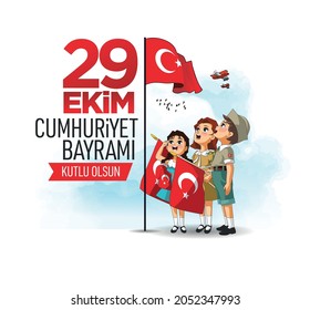 Turkish Patriotic children salute the flag on October 29 republic day (Translate: Happy october 29 republic day)