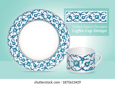 Diseño de la Copa de Café de Porcelana de Patrón Turco. Decoración residencial. Platos cerámicos decorativos y tazas ornamentadas con estampado floral tradicional, motivos turcos.