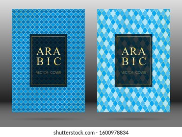 Turkish pattern vector cover page layout design collection in arabic style mosaic in gold grid. Islamic background, moroccan, turkish, persian, ottoman pattern vector template. Oriental motifs.