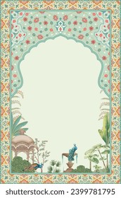 Turkish and Persian decorative pattern, garden theme illustration for wedding invitation