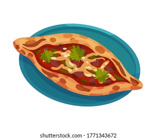 Turkish Pie Pide Rested on Plate Top View Vector Illustration