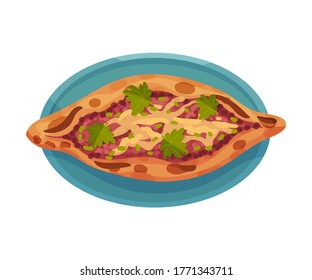 Turkish Pie Pide Rested on Plate Top View Vector Illustration