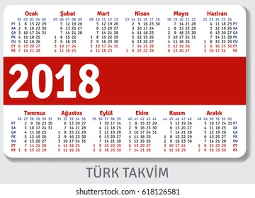 Turkish pocket calendar for 2018, standard size ISO 7810 ID-1, vector template