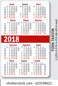 Turkish pocket calendar for 2018, standard size ISO 7810 ID-1, vector template