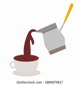 Turkish pot and a cup.Pouring coffee or coco into cup.The logo of the restaurant, cafe or bakery.Cezve traditional.