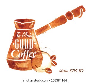 Turkish pot drawn pour with the inscription to make good coffee with splashes and blots prints.