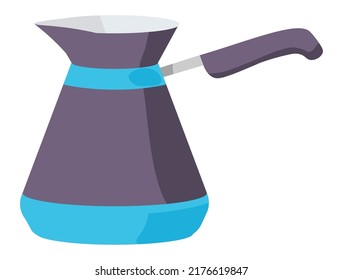 Turkish pot with handle for brewing aromatic coffee beverage. Isolated kitchenware and dishware, pot for making tea. Cezve with traditional design, arabic culture and customs. Vector in flat style