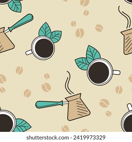 Turkish pot with handle for brewing coffee beverage with cup of hot caffeine drink. Cezve with traditional design with beans. Seamless pattern print, background or wallpaper. Vector in flat style