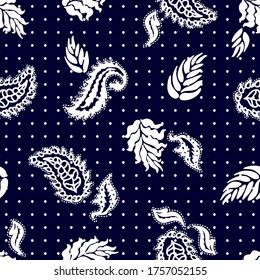 Turkish print on dotted background. Abstract pattern with paisley elements. Man fashion textile collection. White on dark blue.