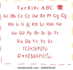 Turkish red chalk alphabet uppercase, lower case , numbers and symbols isolated on black white . Concept for print, menu, cards 